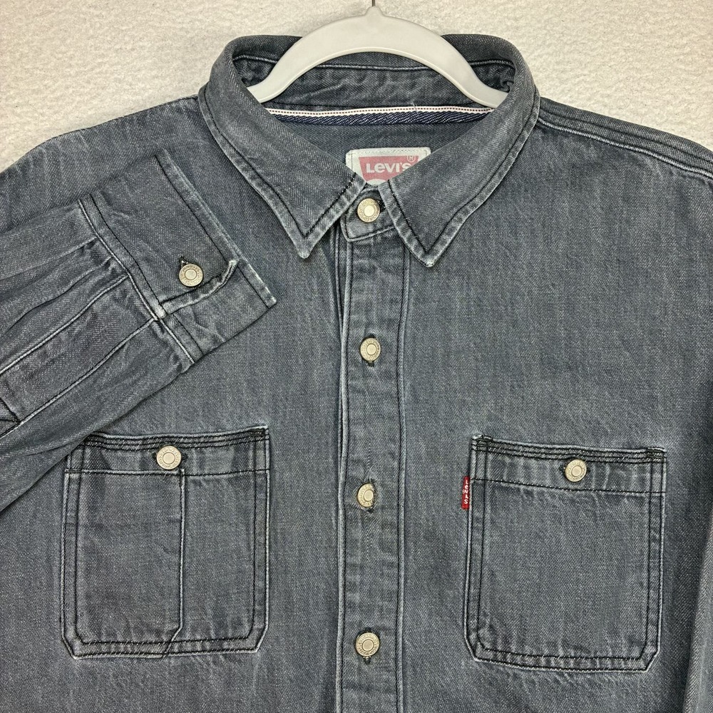 Levis Denim Shirt Men L Gray Selvedge Metal Button Long Sleeve Workwear Pocket